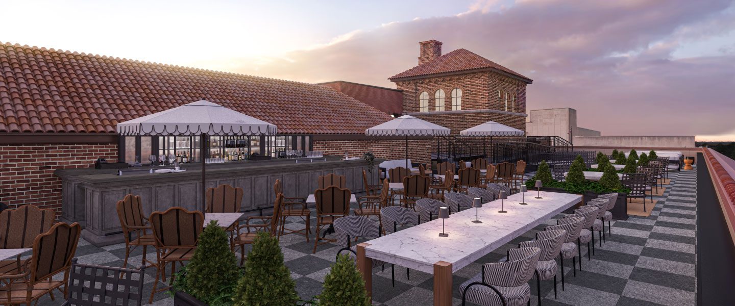 Outdoor patio with seating and umbrellas