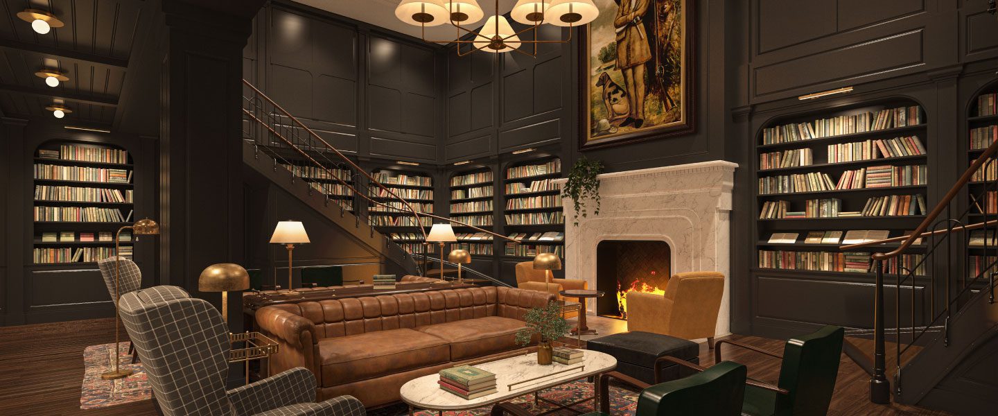 Cozy library with shelves, fire place and seating area