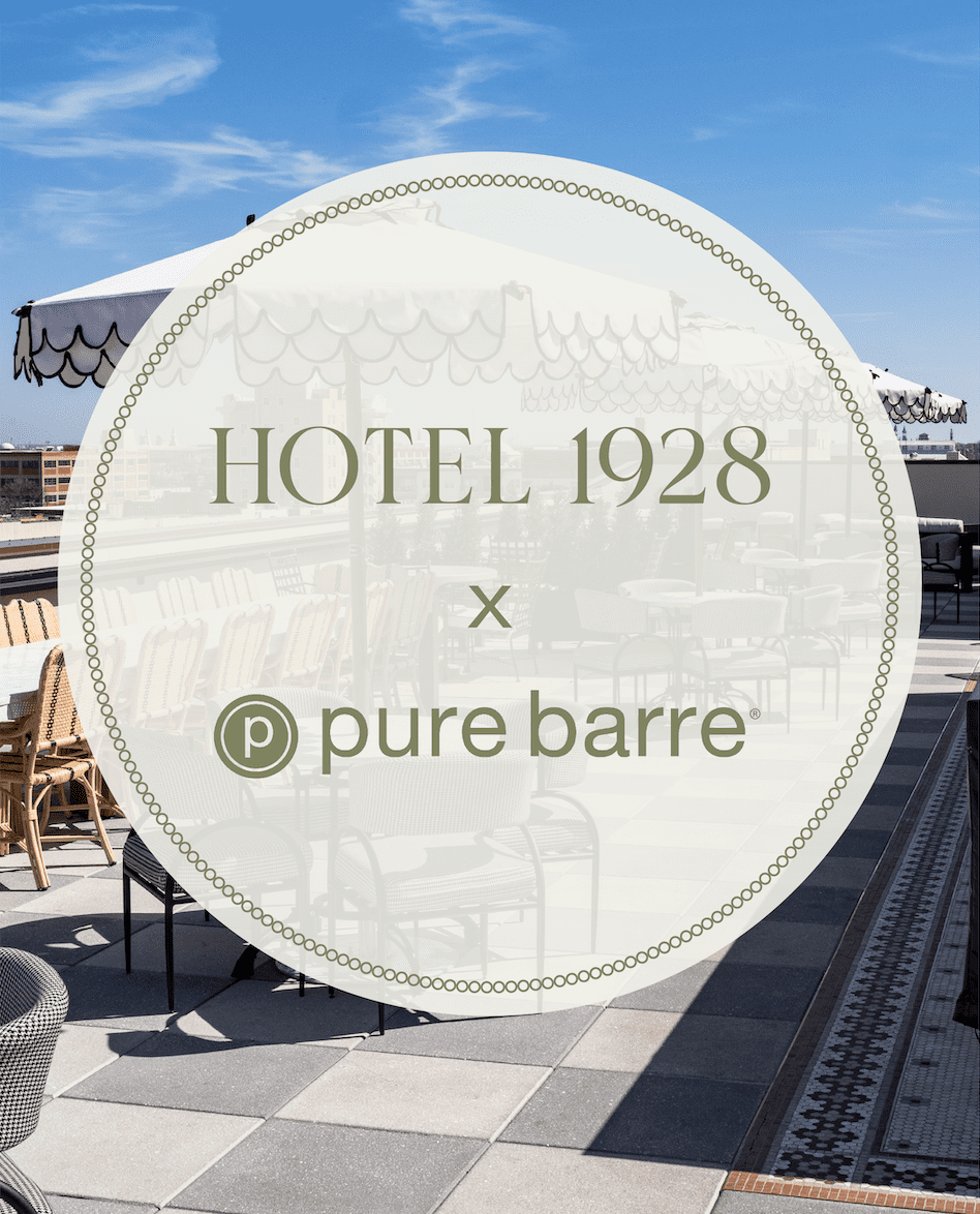 Hotel 1928 x pure barre overlaid on image of rooftop