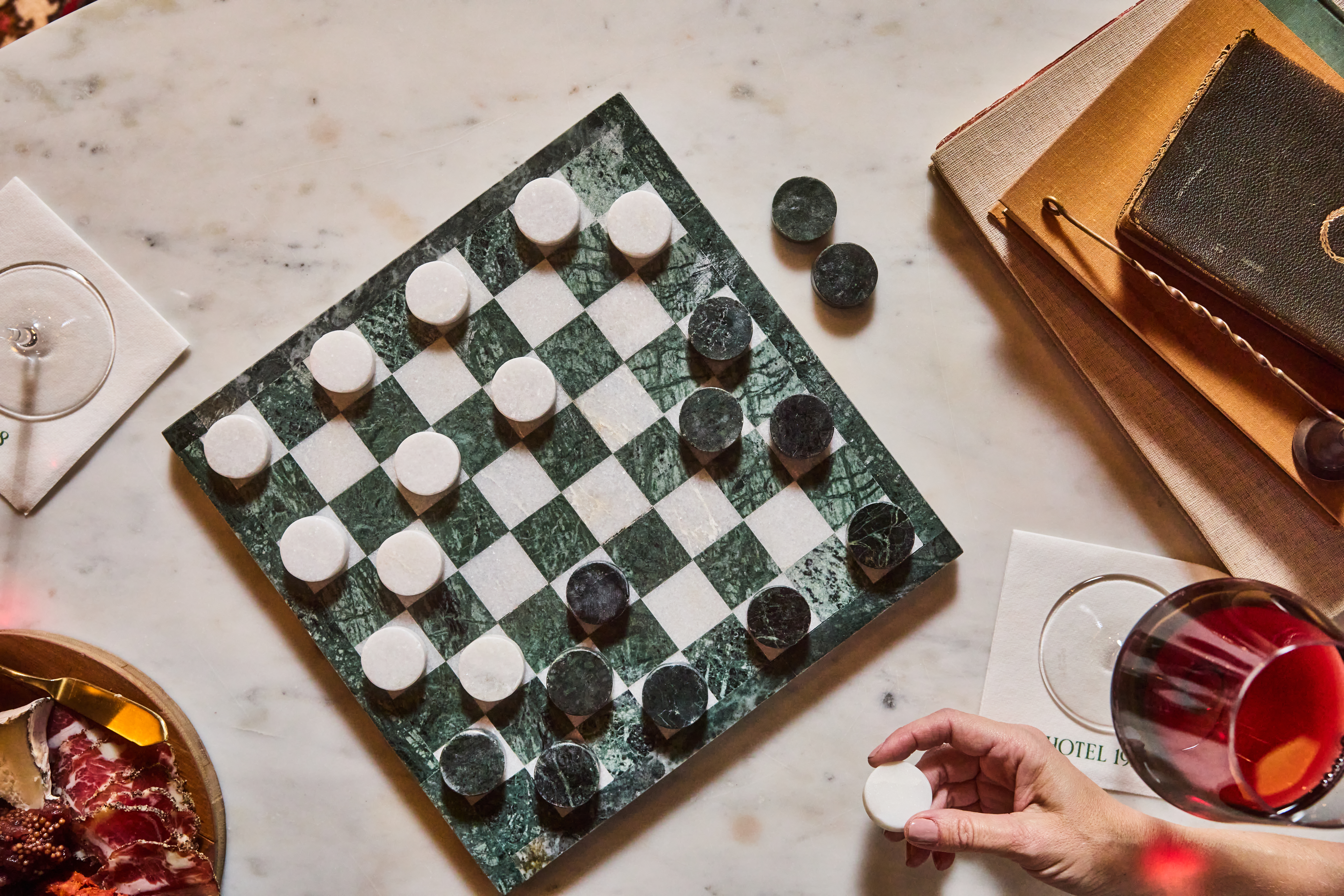 Green and white marble checkerboard