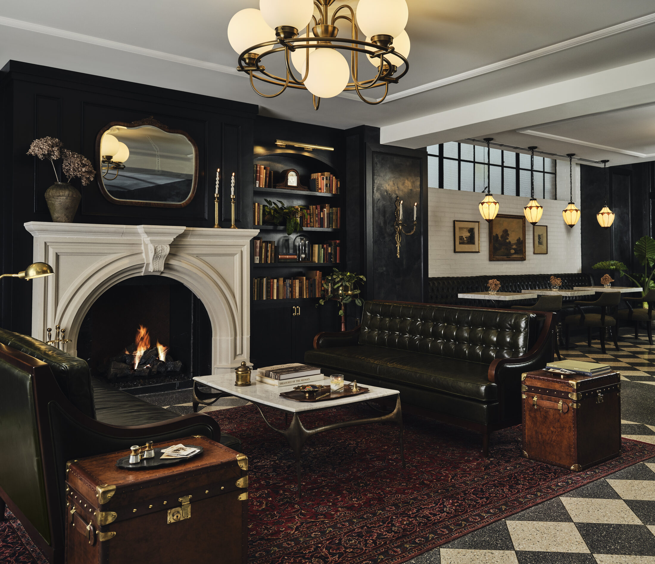 Hotel lobby lounge area with fireplace