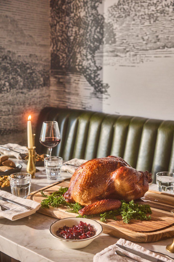 Turkey and Thanksgiving sides on a table