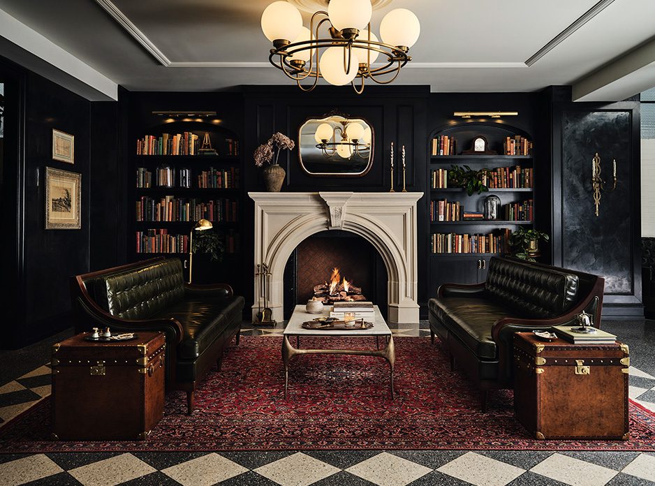 fireplace in the lobby of Hotel 1928